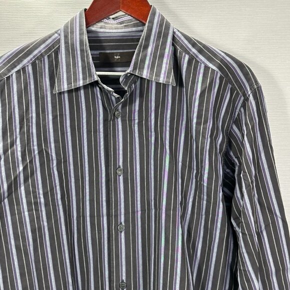Z Zegna Mens 17 Purple Black Stripe Cotton Long Sleeve Button Up Button Cuffs - Picture 2 of 10